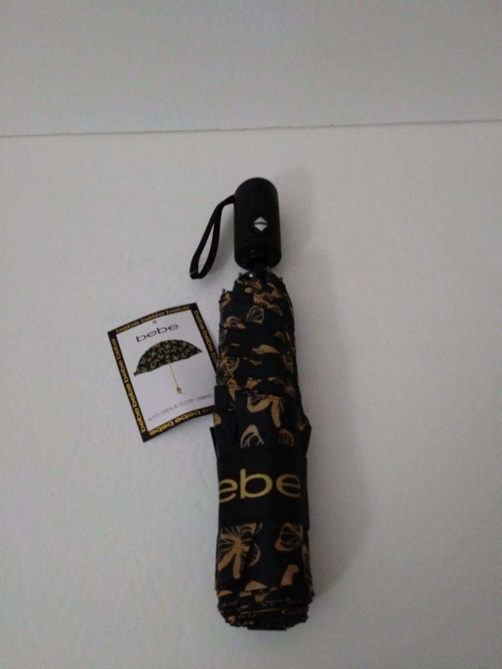 Bebe Black/Gold Logo Compact Umbrella Auto Open